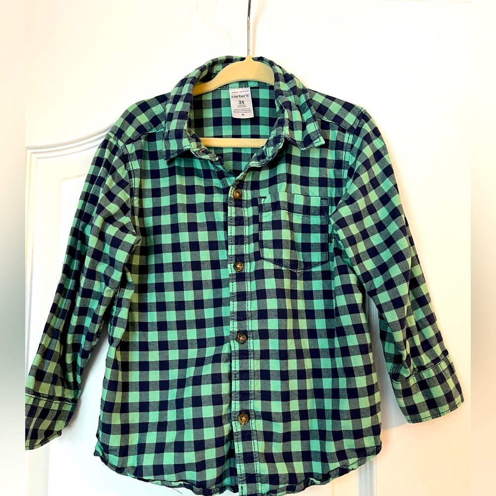 Green and blue checked button down long sleeved shirt 3T